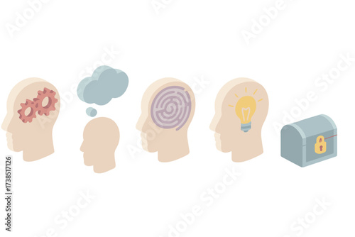 Subconscious Mind Icons. Isometric vector illustration set Subconscious Mind Concept: human head silhouette, gears turning inside,