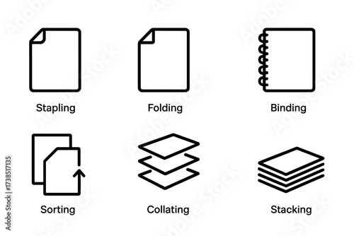 Office Finishing Icons. Outline icon set of copier output finishing: stapling, folding, hole punching, binding, sorting, collating, trimming, stacking. Line