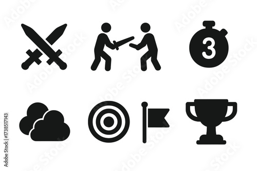 Duel Icon Set. Solid, filled icon set of duel scenes: crossed swords, duelists facing, duel countdown, duel arena, smoke clouds, target, duel flag, duel