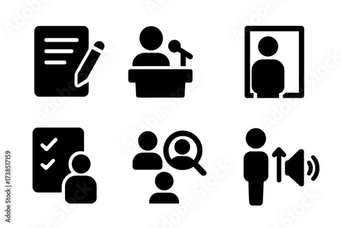 Speech Preparation Icons. Solid, filled icon set of speech preparation: outline notes, speech script, rehearsal timer, mirror practice, confidence checklist,