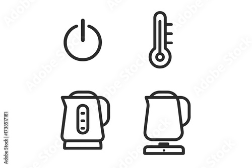 Electric Kettle Features. Outline icon set of electric kettle features: power button, temperature control, water level indicator, cordless base,