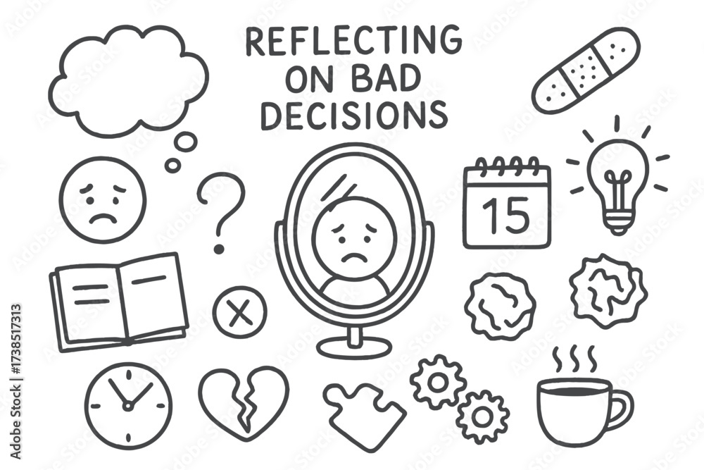 Fototapeta premium Reflecting on Decisions Doodle. Hand-drawn doodle illustration Reflecting on bad decisions mirror, thought bubble, sad face, notebook, clock, question mark,