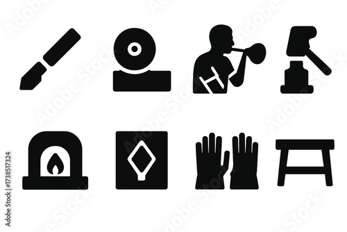 Glass Crafting Icons. Solid, filled icon set of glass cutting and shaping: glass cutter, grinding wheel, glass blower, polishing tool, furnace, mold,