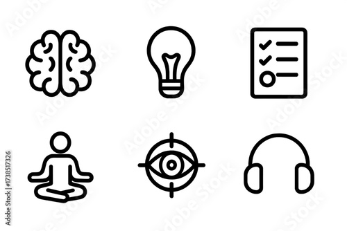 Concentration Symbols Icons. Outline icon set of concentration symbols: brain, light bulb, checklist, clock, meditation pose, eye with crosshair, headphones,