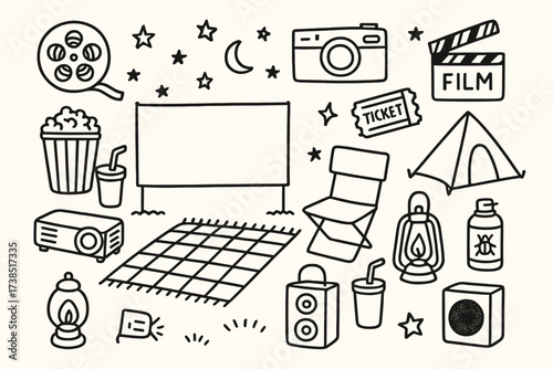 Cozy Outdoor Movie Setup. Hand-drawn doodle illustration cozy outdoor movie setup picnic blanket, folding chair, movie screen, popcorn bucket, projector, soda