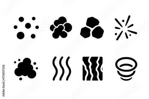 Ember Icon Set. Solid, filled icon set of ember textures: glowing dots, ember cluster, smoldering coal, fiery sparks, ash dust, heat waves, char pattern, smoke