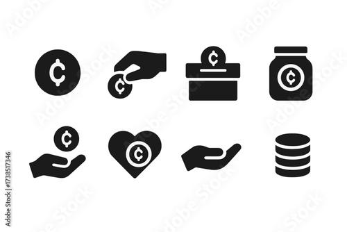 Penny Donation Icons. Solid, filled icon set of penny donation: penny coin, hand giving coin, charity box, donation jar, coin drop, heart with coin, helping