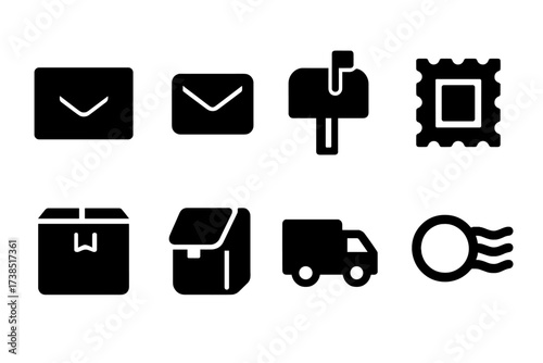 Mail Icon Set. Solid, filled icon set of mailing: letter, envelope, mailbox, postage stamp, parcel box, courier bag, postal truck, postmark. [Line icons in