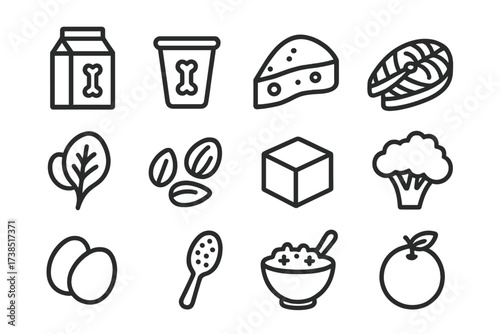 Bone Health Essentials. Bone health nutrition. Line icon set of bone health nutrition: milk carton, yogurt cup, cheese wedge, salmon, spinach, almonds, tofu,
