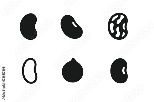 Dried Beans Icon Set. Solid, filled icon set of dried beans: kidney bean, black bean, pinto bean, navy bean, cannellini bean, chickpea, lentil, mung bean.