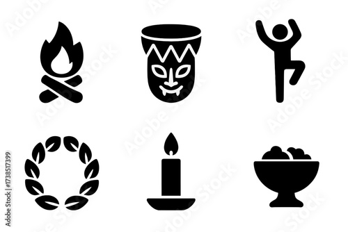Folklore Celebration Icons. Solid, filled icon set of folklore celebrations and rituals: bonfire, drum, mask, dance pose, wreath, candle, feast table, offering