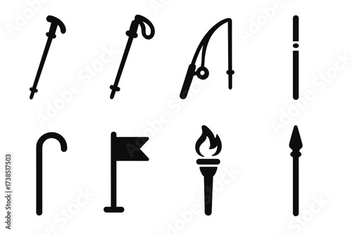Outdoor Gear Icons. Solid, filled icon set of stick outdoor gear: hiking stick, ski pole, fishing rod, tent pole, walking cane, flagpole, torch, spear. Line