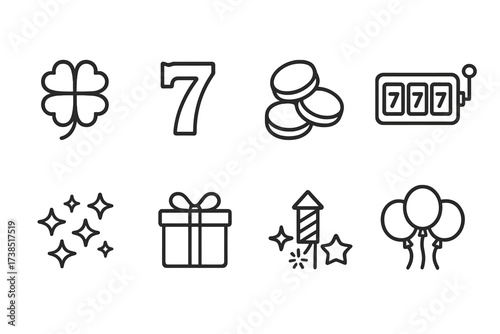Lucky Seven Icons. Outline icon set of lucky collection: seven clover leaves, number symbol, seven gold coins, seven slot jackpot, seven firecracker, seven