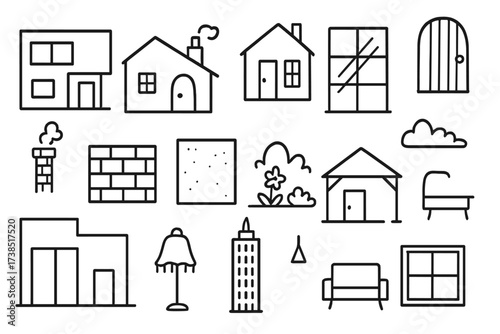 Diverse Home Architecture Icons. Hand-drawn doodle illustration home architecture styles modern house, traditional house, glass facade, wooden door, chimney,