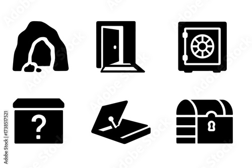 Secret Places Icons. Solid, filled icon set of secret places: hidden cave, secret room, underground tunnel, vault, safe, mysterious box, trapdoor, locked