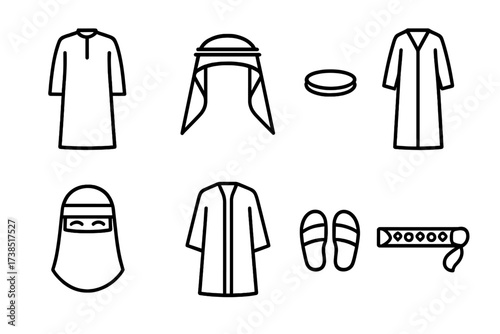 Saudi Clothing Icons. Outline icon set of Saudi traditional clothing: Thobe, Ghutra headdress, Agal, Abaya, Niqab, Sandals, Bisht cloak, Embroidered belt. Line