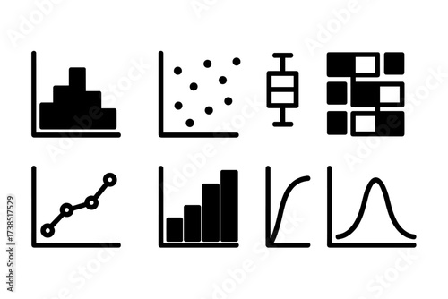 Data Analysis Icons. Solid, filled icon set of data analysis graphs: histogram, scatter plot, box plot, heat map, correlation graph, frequency graph,