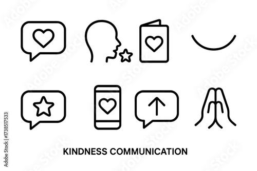 Kindness Icon Set. Outline icon set of kindness communication: kind words, compliment, thank you card, smile, positive feedback, supportive message,