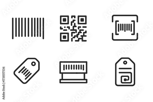 Barcode Icon Set. Outline icon set of barcode and scanning labels: barcode, QR code, scanner beam, product code, price tag, shelf label, inventory tag, RFID