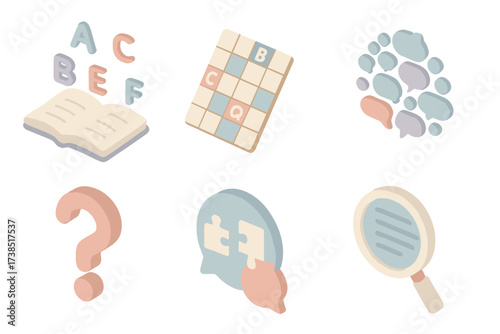 Verbal Reasoning Icons. Isometric vector illustration set Verbal Reasoning IQ: open book with letters, crossword grid, synonyms