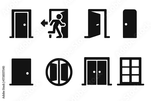 Entrance Icons Grid. Solid, filled icon set of entrance types: main entrance, emergency exit, service entrance, side door, back door, revolving entrance,