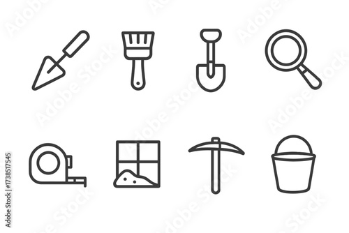 Archaeological Tools Icons. Outline icon set of archaeological tools: trowel, brush, shovel, magnifying glass, measuring tape, excavation grid, pickaxe,