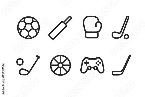 Betting Markets Icons. Outline icon set of betting markets: soccer ball, cricket bat, boxing glove, golf club, cycling wheel, esports controller, rugby ball,