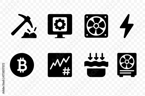Blockchain Mining Icons. Solid, filled icon set of blockchain mining process: pickaxe, computer rig, cooling fan, electricity bolt, coin reward, hash rate,