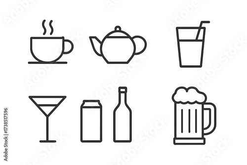 Beverage Icon Collection. Outline icon set of beverages: coffee cup, tea pot, water glass, juice box, cocktail glass, soda can, wine bottle, beer mug. Line