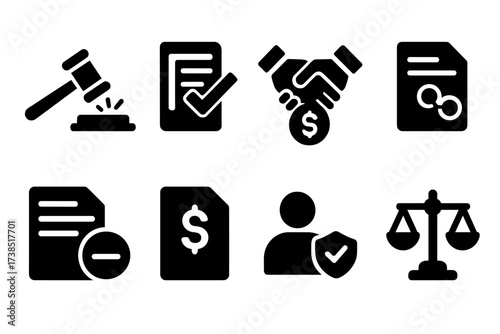 Legal Outcomes Icons. Solid, filled icon set of legal outcomes: judgment, injunction, settlement, penalty, dismissal, fine, probation, acquittal. [Solid,