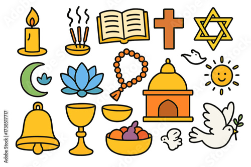 Colorful Religious Symbols. Religious Rituals. Colorful Hand-drawn doodle Children illustration candle, incense, prayer beads, book, cross, star, crescent