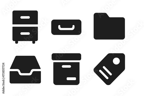 Office Storage Icons. Solid, filled icon set of office storage: filing cabinet, drawer handle, locked drawer, folder tab, open drawer, archive box, label tag,