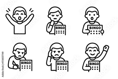 Bingo Emotions Icons. Outline icon set of bingo player emotions: excitement, anticipation, joy, surprise, concentration, frustration, happiness, victory. Line
