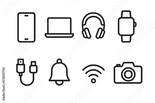 Midnight Tech Icon Set. Outline icon set of midnight technology use: smartphone, laptop, headphones, smart watch, charging cable, notification bell, wireless