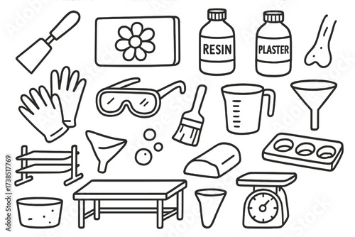 Mold Repair Tools. Hand-drawn doodle illustration mold repair spatula, rubber mold, resin, plaster, gloves, safety goggles, brush, mixing cup, funnel, drying