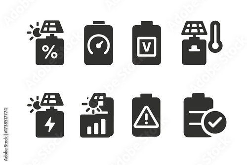 Solar Battery Icon Set. Solid, filled icon set of solar battery indicators: battery percentage, power meter, voltage display, temperature sensor, charge