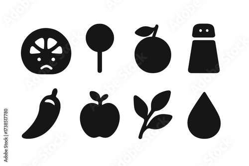 Margarita Flavor Icons. Solid, filled icon set of margarita flavor profiles: sour, sweet, citrus, salty, spicy, fruity, herbal, refreshing. Solid, filled icons