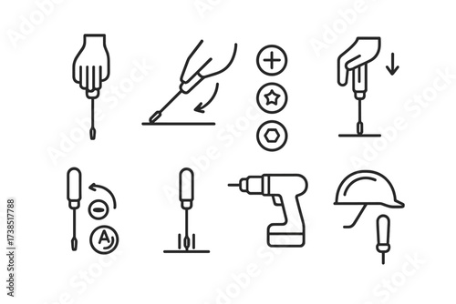 Screwdriver Icon Guide. Outline icon set of screwdriver usage tips: hand positioning, angle of use, screw types, pressure application, torque control, screw