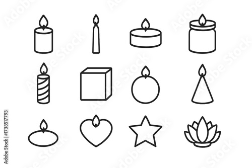 Candle Icon Collection. Candle shapes. Line icon set of Candle shapes: pillar candle, taper candle, tea light, jar candle, spiral candle, square candle, ball