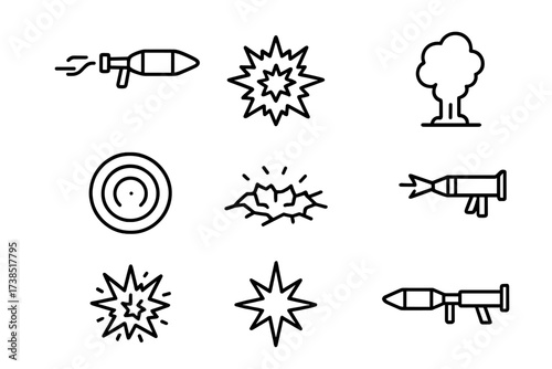 Rocket Launcher Icons. Outline icon set of rocket launcher firing effects: rocket trail, explosion, smoke plume, shockwave, impact crater, fragmentation,
