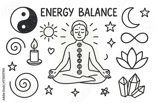 Energy Balance Symbols. Energy balance. Hand-drawn doodle illustration energy balance yin yang, chakra symbols, aura lines, crystals, meditation figure, lotus