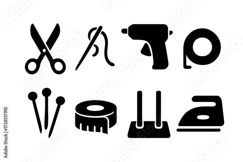 Bow Tying Tools Icons. Solid, filled icon set of bow tying tools: scissors, needle and thread, glue gun, tape, pins, measuring tape, bow maker, iron. Solid,