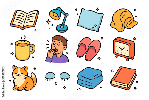 Cozy Bedtime Icons. Bedtime reading. Colorful isometric vector icons set of bedtime reading: open novel, reading light, pillow, cozy blanket, warm drink,