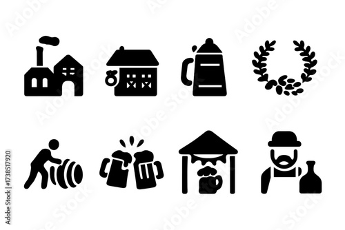 Beer Culture Icons. Solid, filled icon set of beer history and culture: old brewery, tavern, beer stein, hops wreath, barrel rolling, beer mug toast, beer