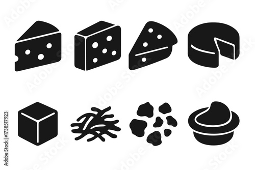 Cheese Icon Set. Solid, filled icon set of cheese forms: wedge, block, slice, wheel, cube, shredded, crumbled, spreadable. Line icons in only black color. All