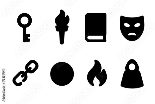 Initiation Ritual Icons. Solid, filled icon set of initiation ritual: key, torch, book, mask, chains, circle, flame, cloak. [Line icons in only black color.