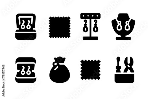 Earring Accessories Icons. Solid, filled icon set of earring accessories: jewelry box, cleaning cloth, earring holder, display stand, travel case, jewelry