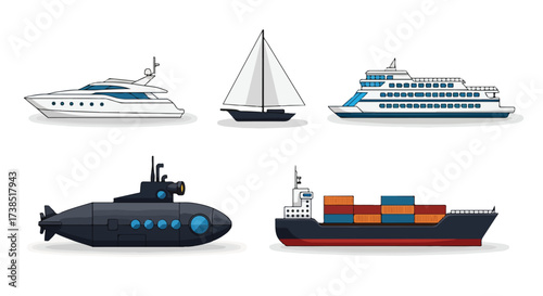 Diverse Fleet of Modern Marine Vessels Yacht Sailboat Cruise Ship Submarine and Container Ship Collection Vector Illustration