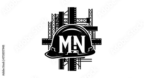Construction safety helmet logo with scaffolding background architectural concept