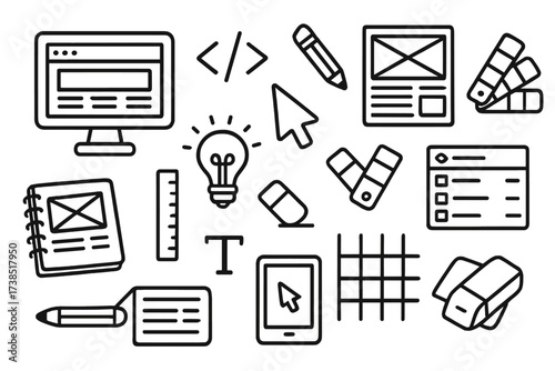 Web Design Doodle Icons. Hand-drawn doodle illustration web design computer screen, code brackets, mouse pointer, wireframe, color palette, pencil, sketchbook,